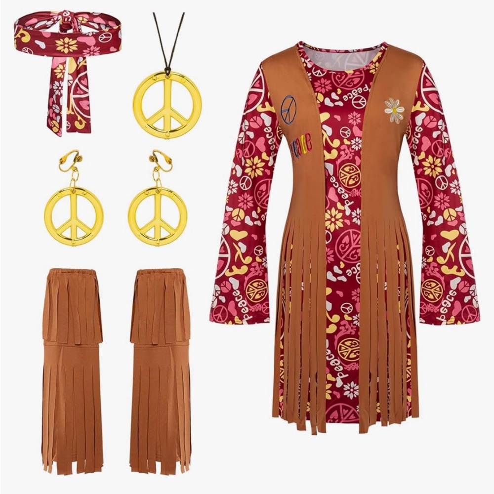 NWT 5pc Hippie Costume Set Dress Disco Peace Necklace Earrings Headband socks - Picture 2 of 6